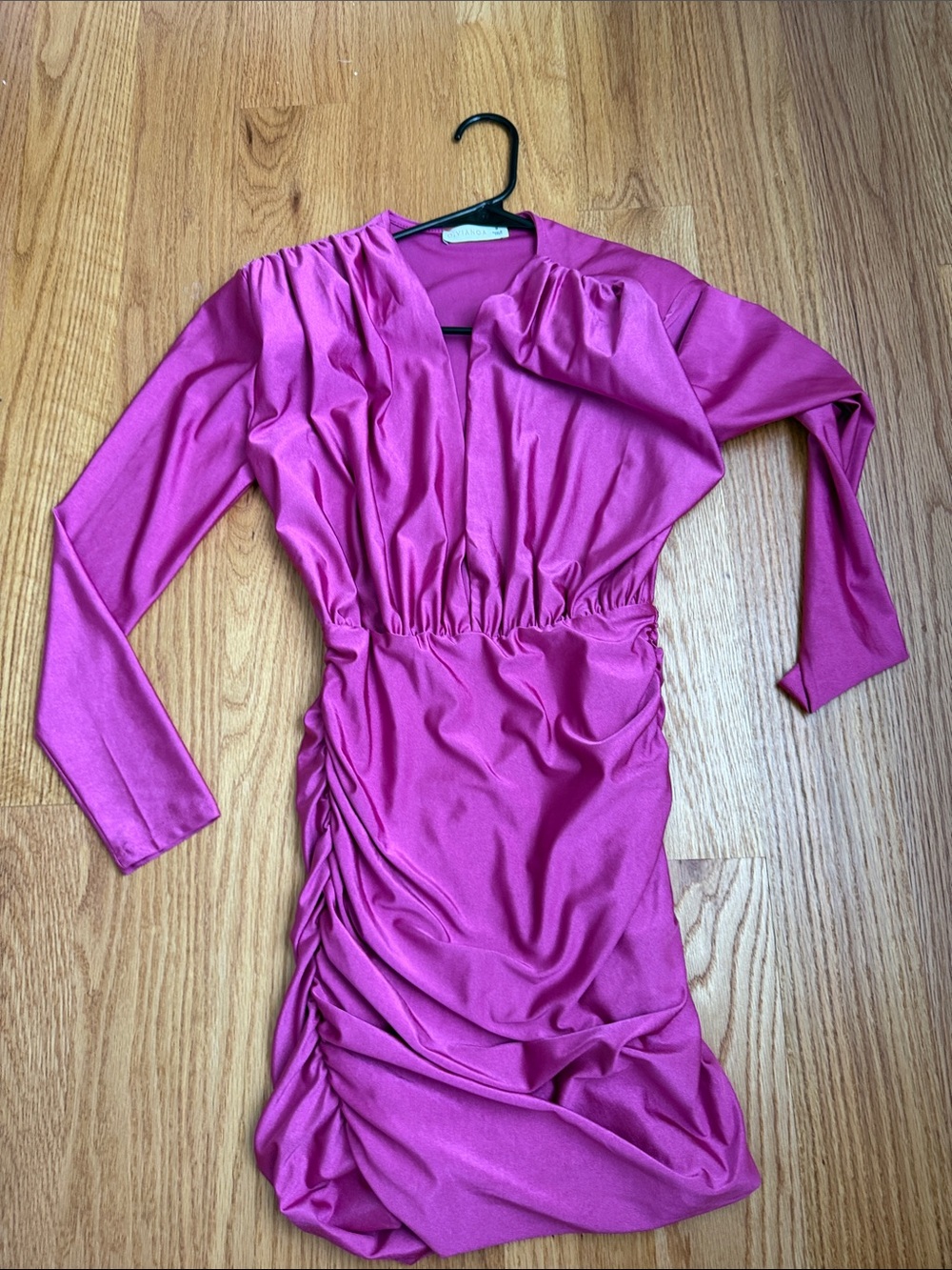Fuchsia Long-Sleeve Ruched V-Neck Dress by